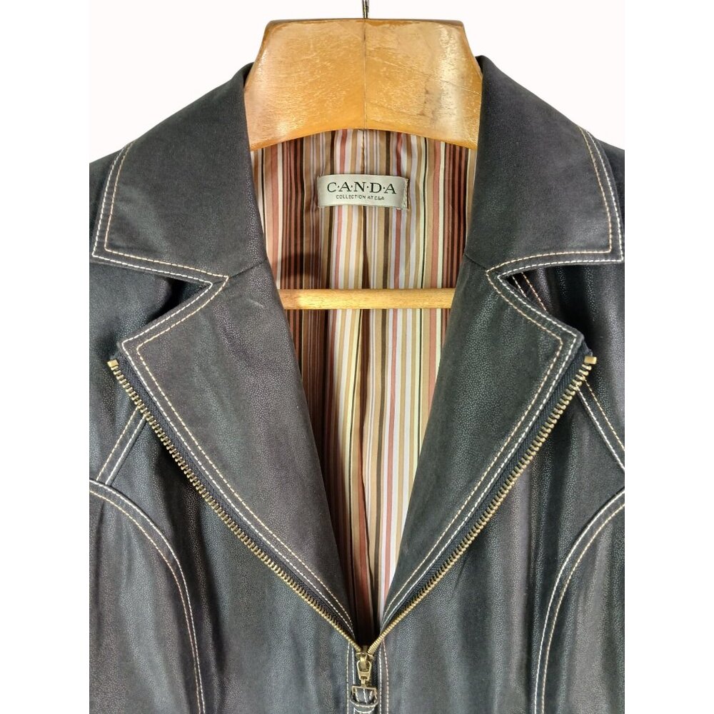 CANDA C&A Womens Black Faux Leather Jacket Zipper Closure Contrast Size 40 Moto - Picture 3 of 13